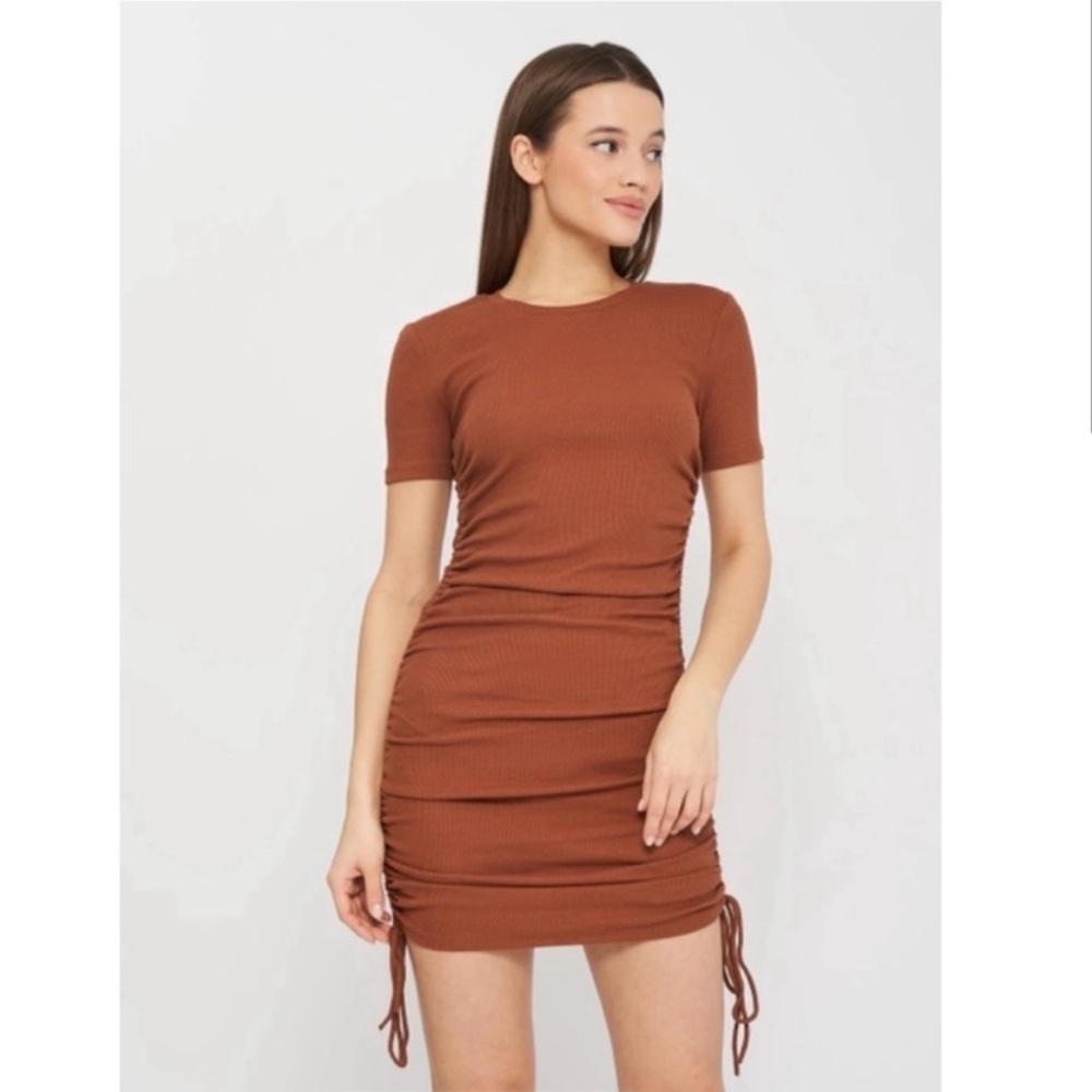 Zara brown ribbed short sleeve body con mini dress with seam ruching details